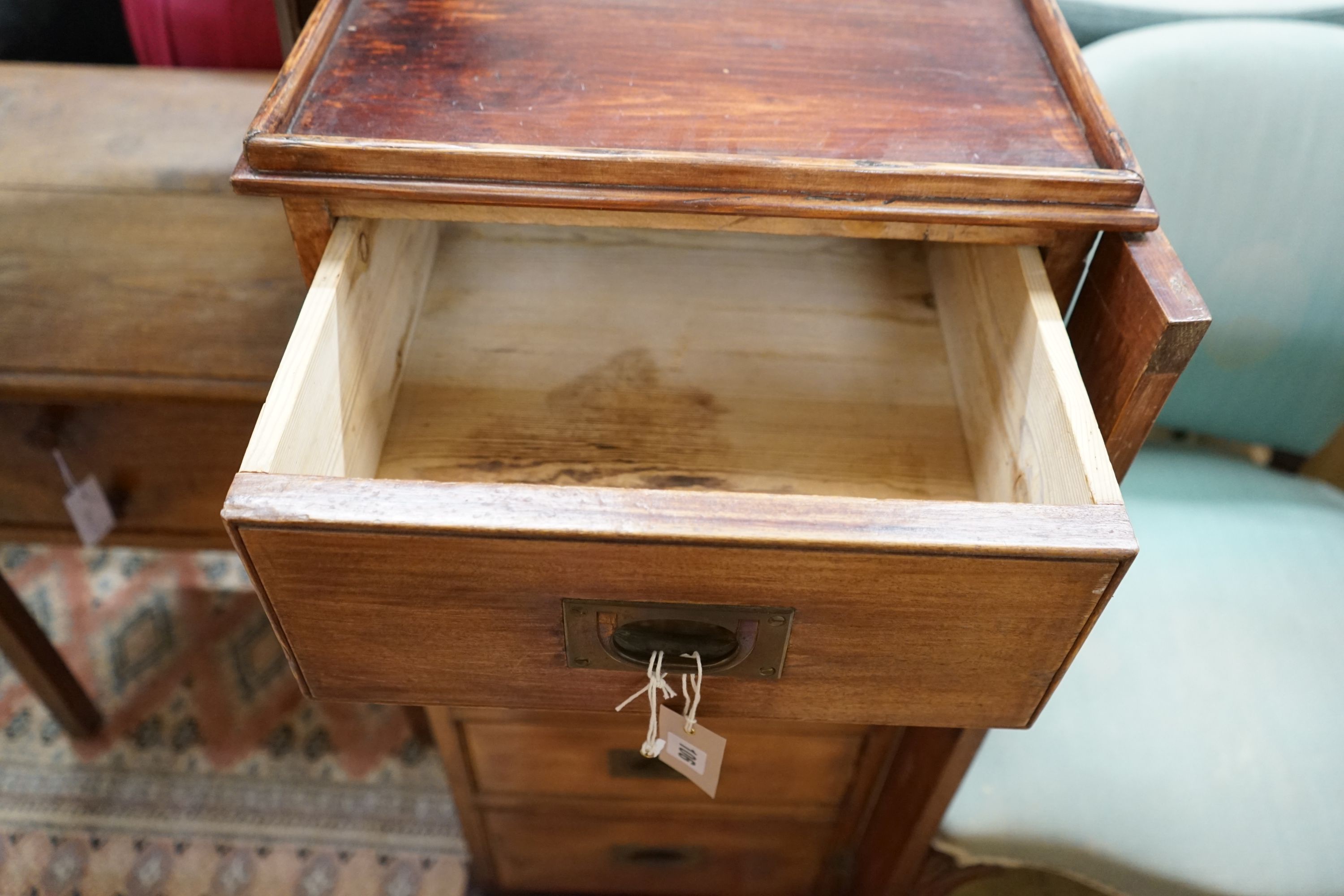 A Victorian military style mahogany and pine five drawer filing chest with locking bar, width 43cm, depth 70cm, height 107cm